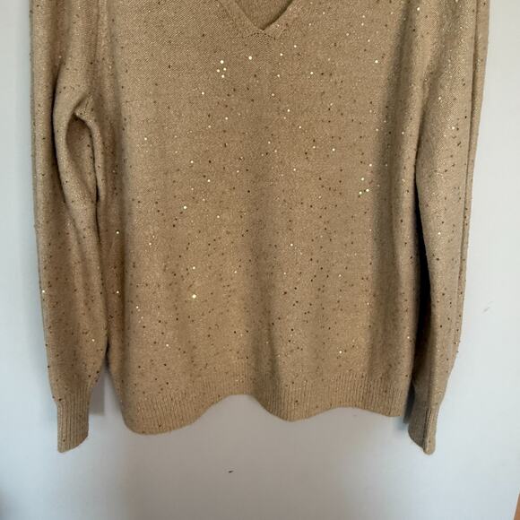 Loft Womens Gold Sequin Sweater Size Large V-Neck Holiday Party Sparkle Stretch - Picture 3 of 6